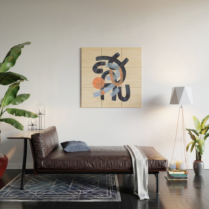 Midcentury Modern Minimalist Funky Cool Tribal Pattern Paynes Grey Pastel Blue Tan Shapes by Ejaaz Haniff Wood Wall Art Gallery Image 2