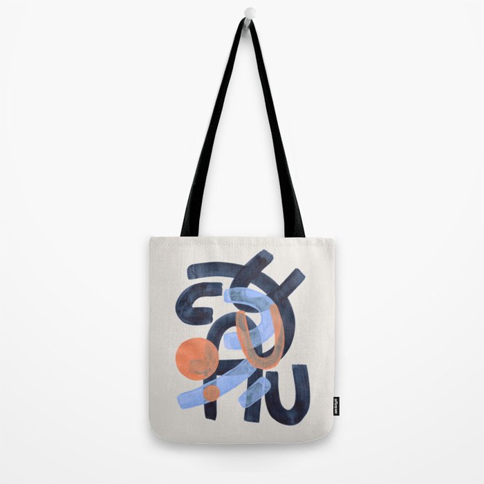Midcentury Modern Minimalist Funky Cool Tribal Pattern Paynes Grey Pastel Blue Tan Shapes by Ejaaz Haniff Tote Bag Gallery Image 2