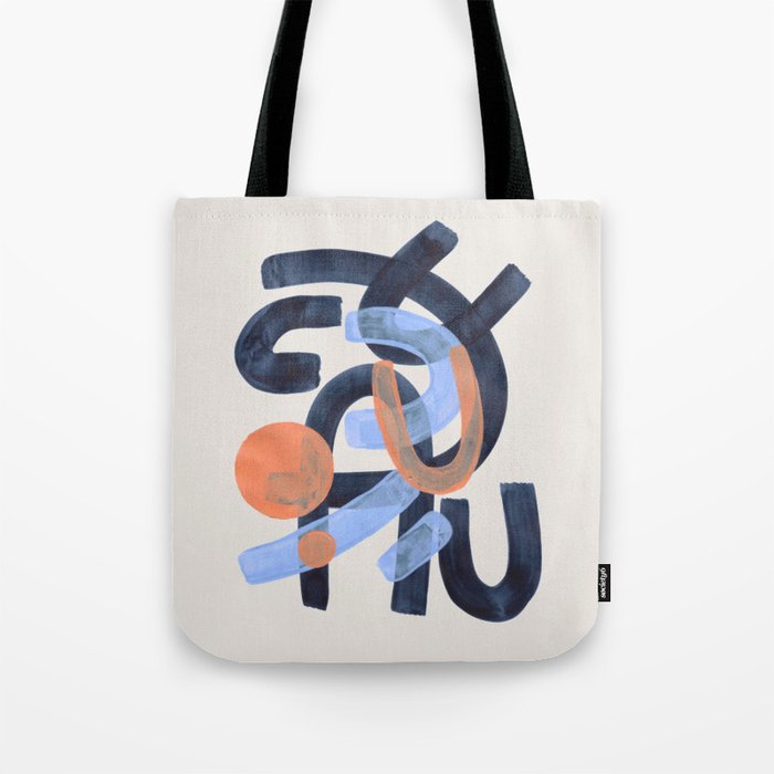 Midcentury Modern Minimalist Funky Cool Tribal Pattern Paynes Grey Pastel Blue Tan Shapes by Ejaaz Haniff Tote Bag Gallery Image 1