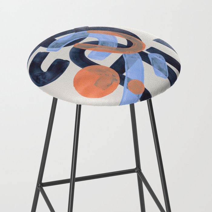 Midcentury Modern Minimalist Funky Cool Tribal Pattern Paynes Grey Pastel Blue Tan Shapes by Ejaaz Haniff Stool Gallery Image 2