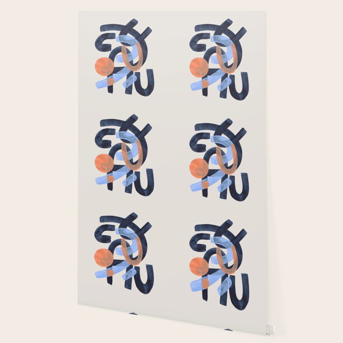 Midcentury Modern Minimalist Funky Cool Tribal Pattern Paynes Grey Pastel Blue Tan Shapes by Ejaaz Haniff Wallpaper Gallery Image 2