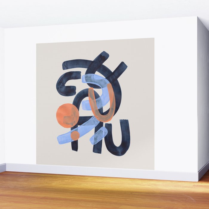 Midcentury Modern Minimalist Funky Cool Tribal Pattern Paynes Grey Pastel Blue Tan Shapes by Ejaaz Haniff Wall Mural Gallery Image 2