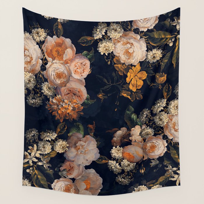 Antique Botanical Peach Roses And Chamomile Midnight Garden Wall Tapestry Gallery Image 1