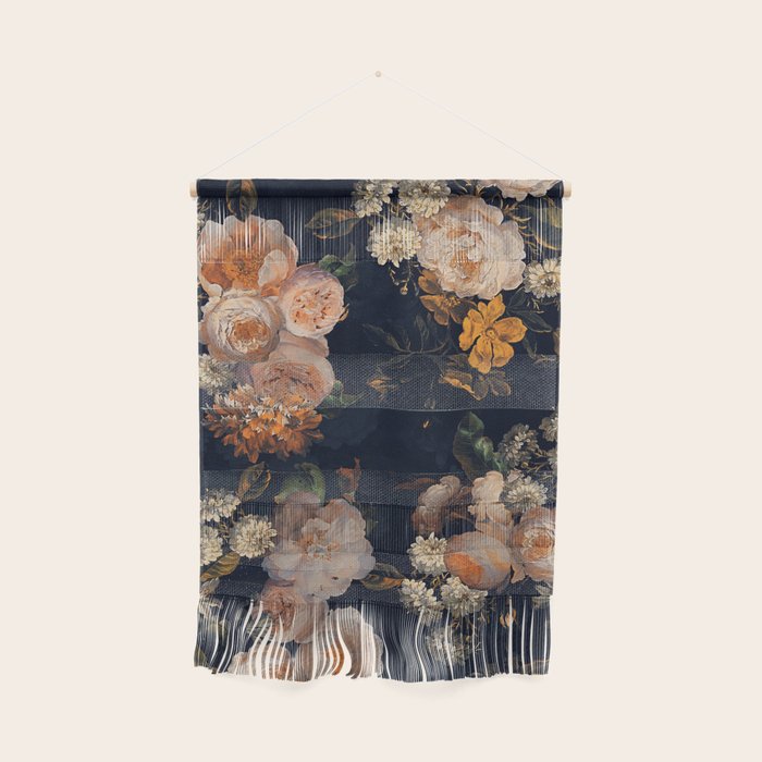 Antique Botanical Peach Roses And Chamomile Midnight Garden Wall Hanging Gallery Image 1