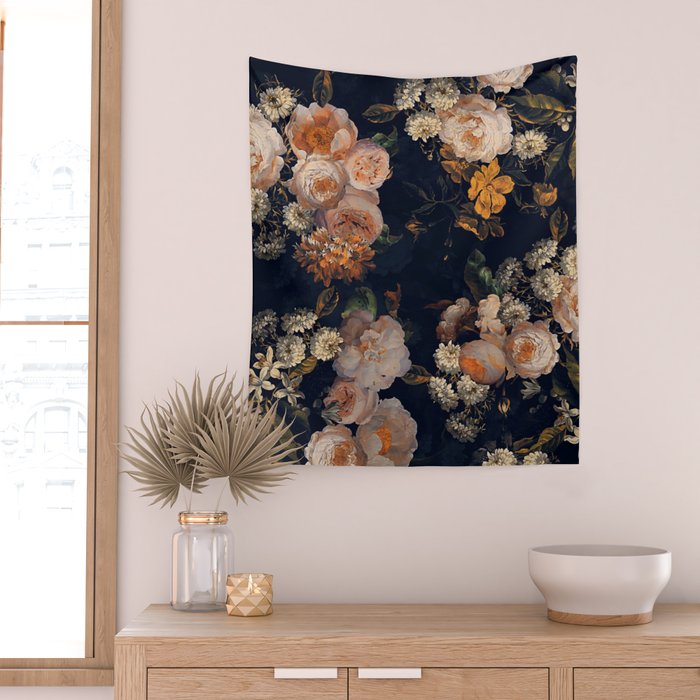 Antique Botanical Peach Roses And Chamomile Midnight Garden Wall Tapestry Gallery Image 2