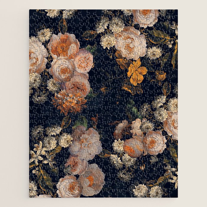 Antique Botanical Peach Roses And Chamomile Midnight Garden Jigsaw Puzzle Gallery Image 1