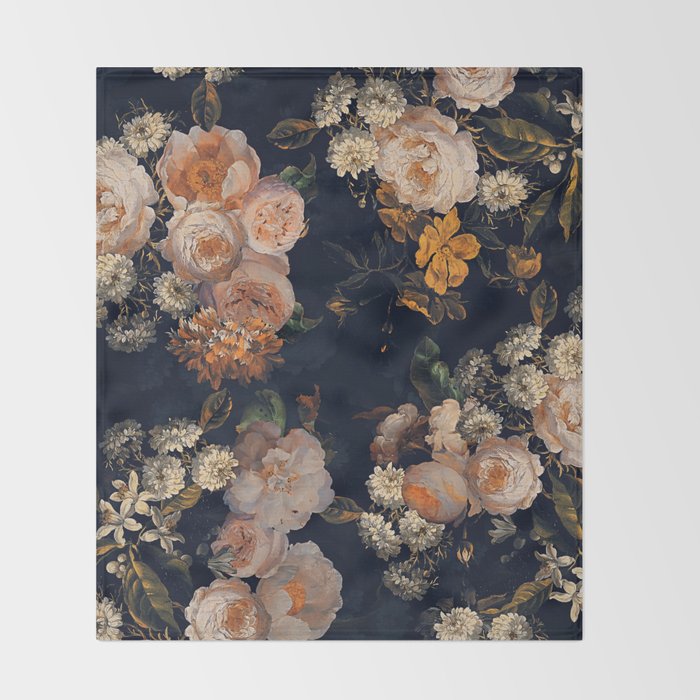 Antique Botanical Peach Roses And Chamomile Midnight Garden Throw Blanket Gallery Image 2