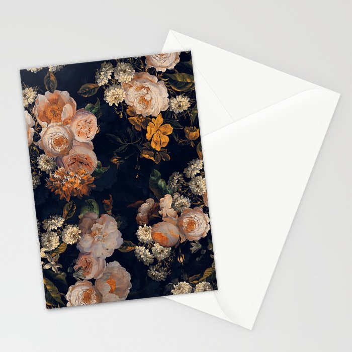 Antique Botanical Peach Roses And Chamomile Midnight Garden Stationery Card Gallery Image 2