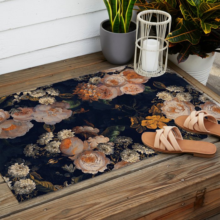 Antique Botanical Peach Roses And Chamomile Midnight Garden Outdoor Rug Gallery Image 2