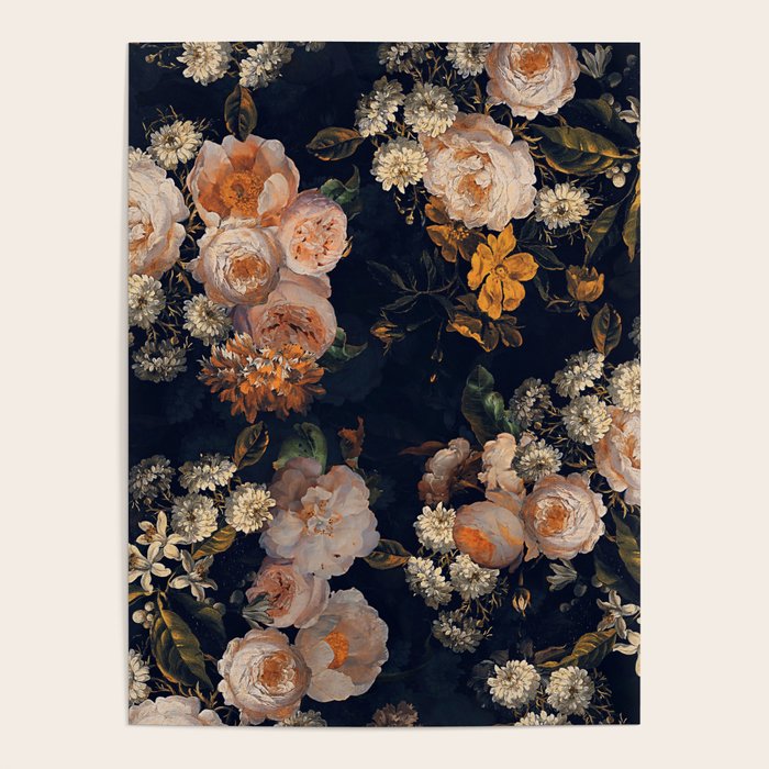 Antique Botanical Peach Roses And Chamomile Midnight Garden Poster Gallery Image 4