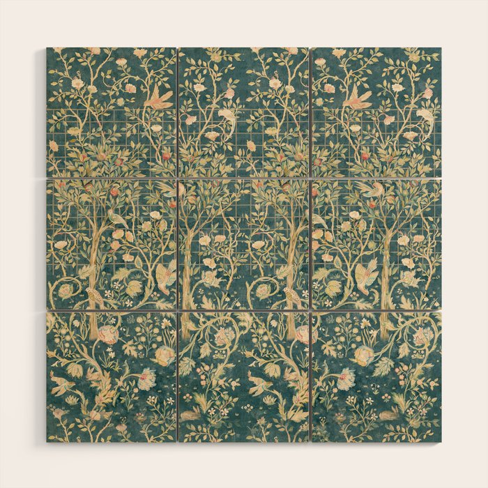 William Morris Melsetter Trellis Teal Botanical Birds Art Wood Wall Art Gallery Image 1