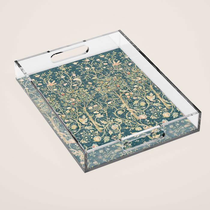 William Morris Melsetter Trellis Teal Botanical Birds Art Acrylic Tray Gallery Image 1