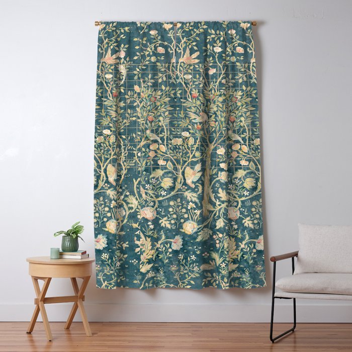 William Morris Melsetter Trellis Teal Botanical Birds Art Window Curtain Gallery Image 5