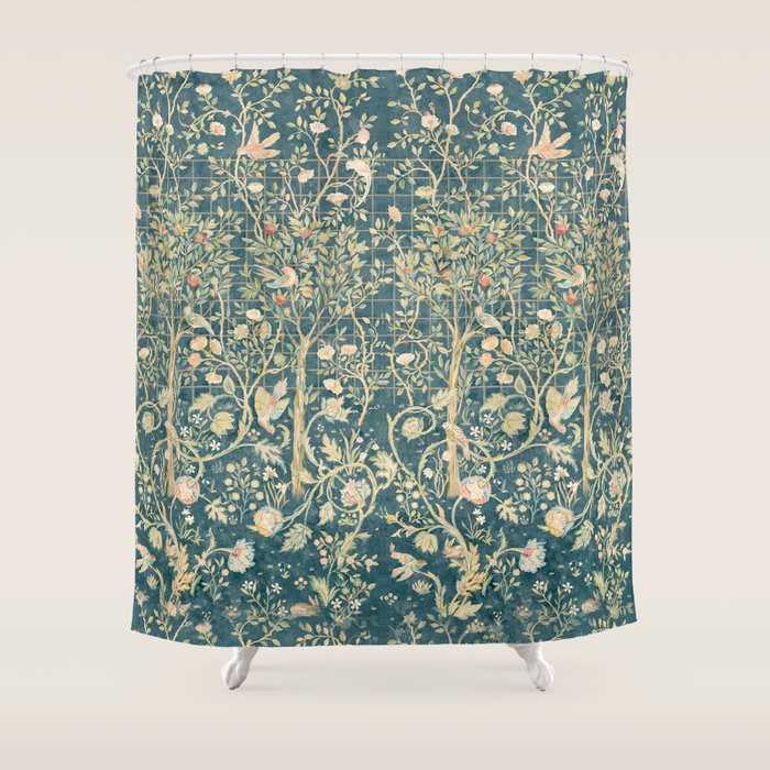 William Morris Melsetter Trellis Teal Botanical Birds Art Shower Curtain Gallery Image 1