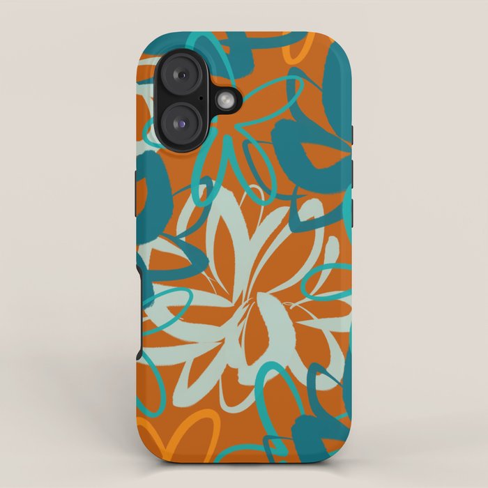 Lotus Garden Painted Floral Pattern in Celadon Orange Teal Rust iPhone Case Gallery Image 1