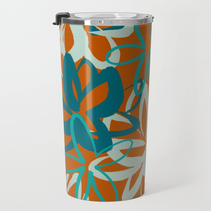 Lotus Garden Painted Floral Pattern in Celadon Orange Teal Rust Travel Mug Gallery Image 3