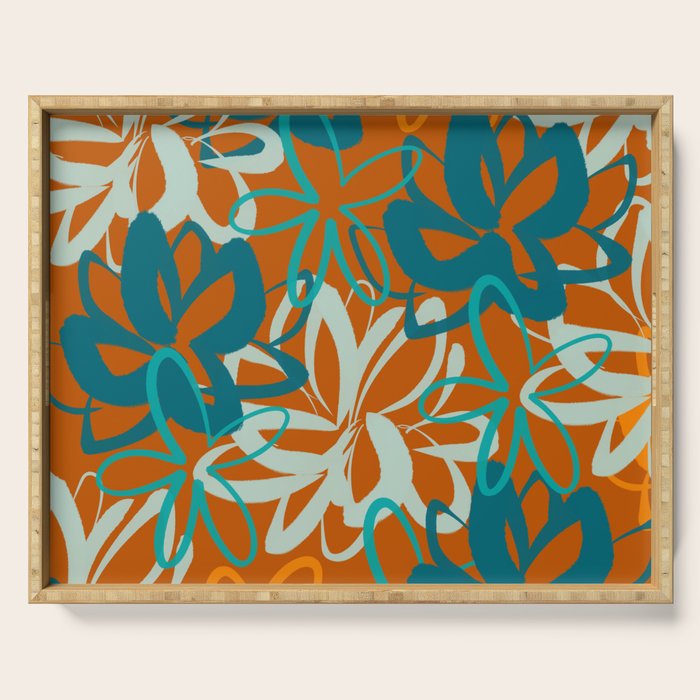 Lotus Garden Painted Floral Pattern in Celadon Orange Teal Rust Serving Tray Gallery Image 1