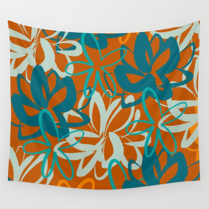 Lotus Garden Painted Floral Pattern in Celadon Orange Teal Rust Wall Tapestry Gallery Image 1