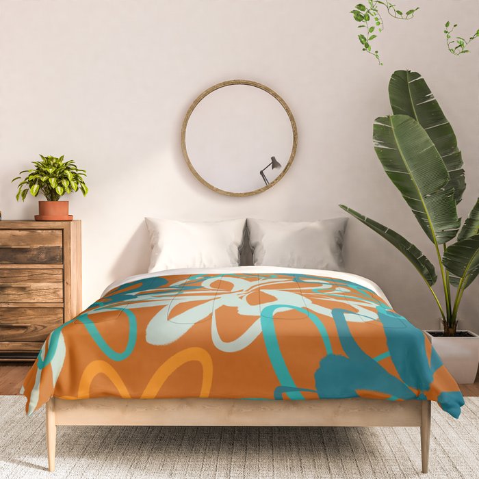 Lotus Garden Painted Floral Pattern in Celadon Orange Teal Rust Comforter Gallery Image 3