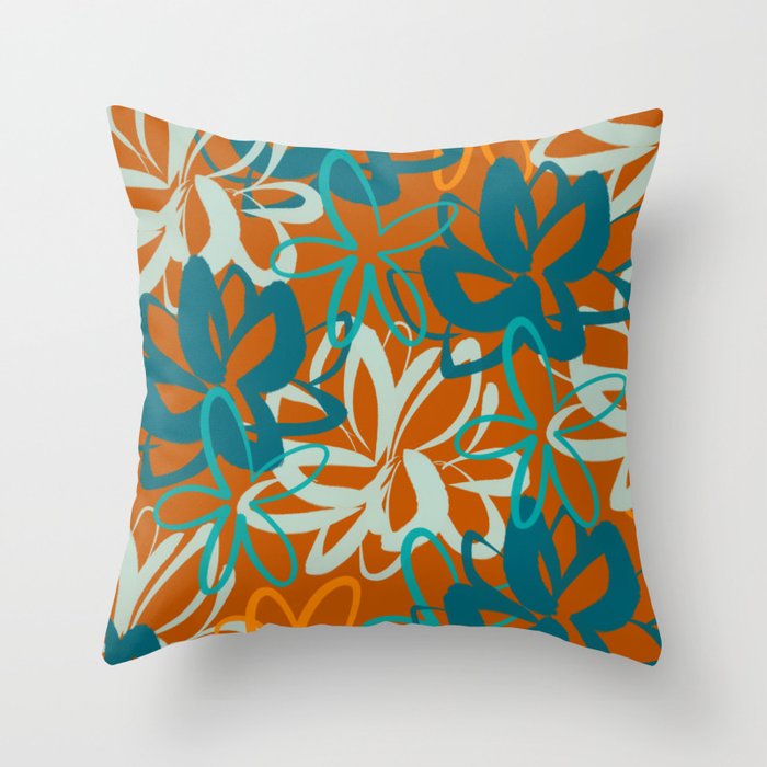 Lotus Garden Painted Floral Pattern in Celadon Orange Teal Rust Throw Pillow Gallery Image 1