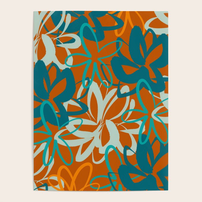 Lotus Garden Painted Floral Pattern in Celadon Orange Teal Rust Poster Gallery Image 1