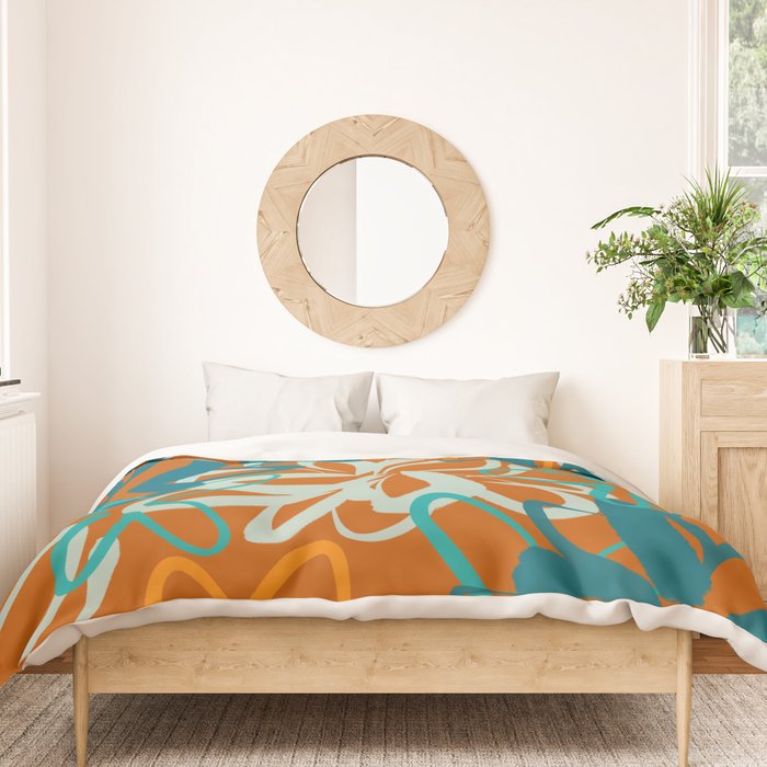 Lotus Garden Painted Floral Pattern in Celadon Orange Teal Rust Duvet Cover Gallery Image 3