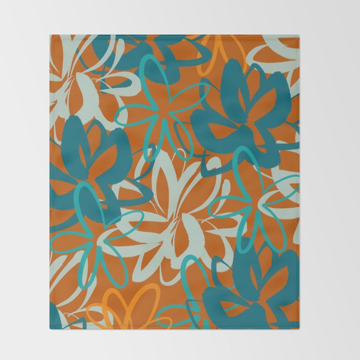 Lotus Garden Painted Floral Pattern in Celadon Orange Teal Rust Throw Blanket Gallery Image 2