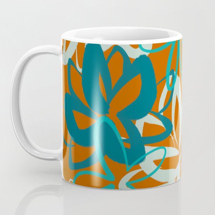 Lotus Garden Painted Floral Pattern in Celadon Orange Teal Rust Coffee Mug Gallery Image 3