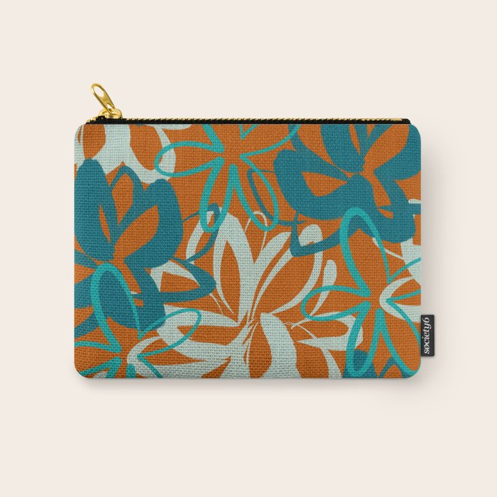 Lotus Garden Painted Floral Pattern in Celadon Orange Teal Rust Carry All Pouch Gallery Image 1