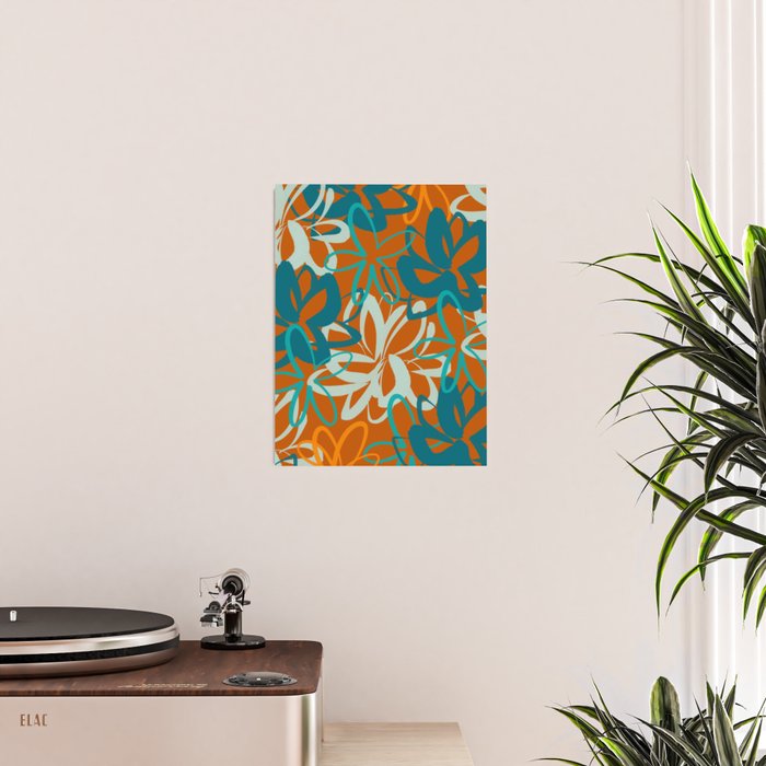 Lotus Garden Painted Floral Pattern in Celadon Orange Teal Rust Poster Gallery Image 2