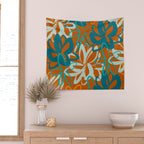 Lotus Garden Painted Floral Pattern in Celadon Orange Teal Rust Wall Tapestry Gallery Image 2
