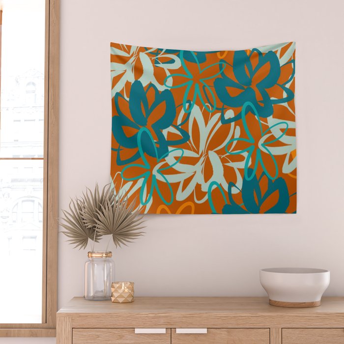 Lotus Garden Painted Floral Pattern in Celadon Orange Teal Rust Wall Tapestry Gallery Image 2