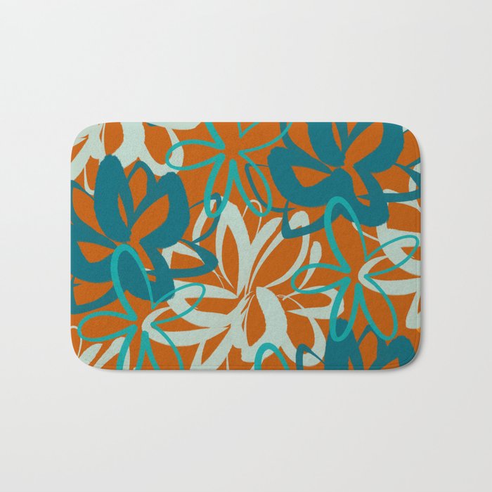 Lotus Garden Painted Floral Pattern in Celadon Orange Teal Rust Bath Mat Gallery Image 1