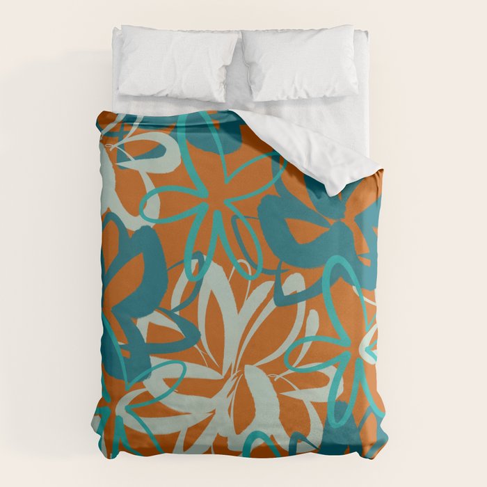 Lotus Garden Painted Floral Pattern in Celadon Orange Teal Rust Duvet Cover Gallery Image 1
