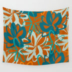 Lotus Garden Painted Floral Pattern in Celadon Orange Teal Rust Wall Tapestry Gallery Image 4