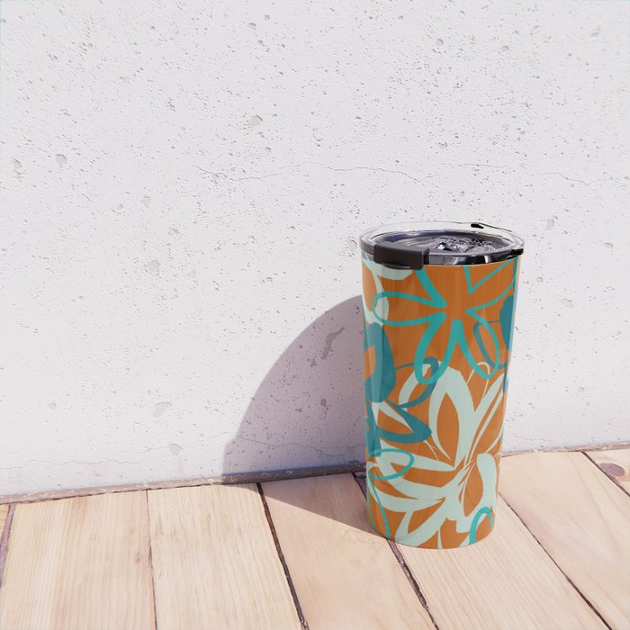Lotus Garden Painted Floral Pattern in Celadon Orange Teal Rust Travel Mug Gallery Image 4