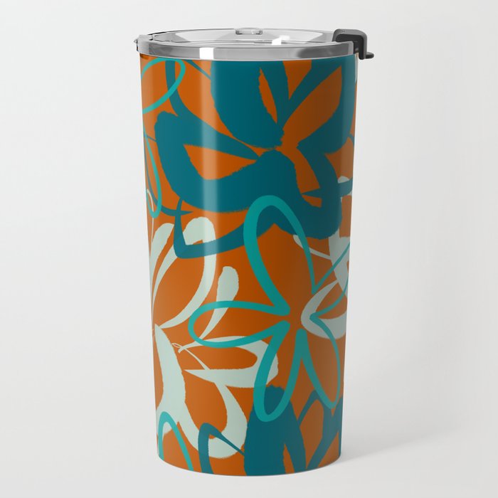 Lotus Garden Painted Floral Pattern in Celadon Orange Teal Rust Travel Mug Gallery Image 2