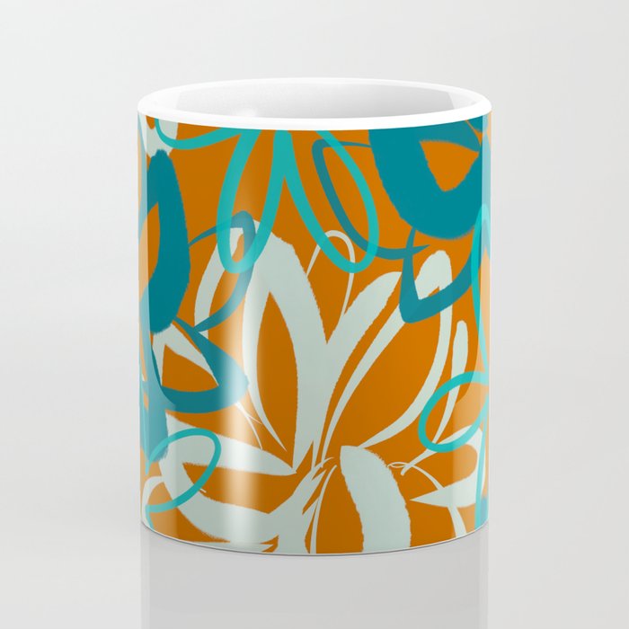 Lotus Garden Painted Floral Pattern in Celadon Orange Teal Rust Coffee Mug Gallery Image 4
