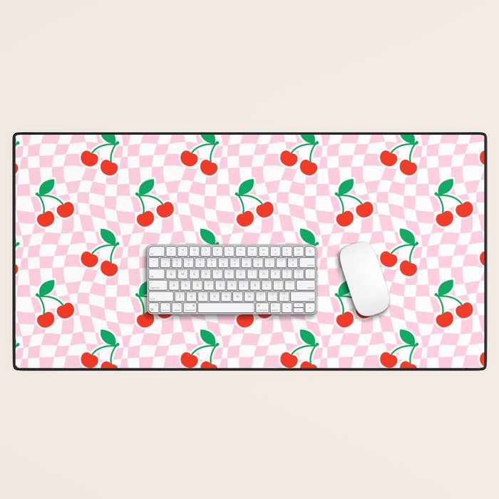 Cute pink cherry fruit checkered pattern Desk Mat Gallery Image 1