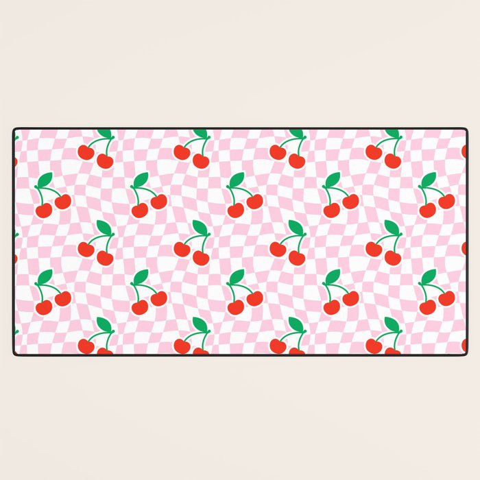 Cute pink cherry fruit checkered pattern Desk Mat Gallery Image 3