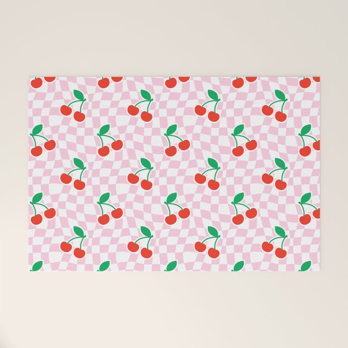 Cute pink cherry fruit checkered pattern Welcome Mat Gallery Image 1