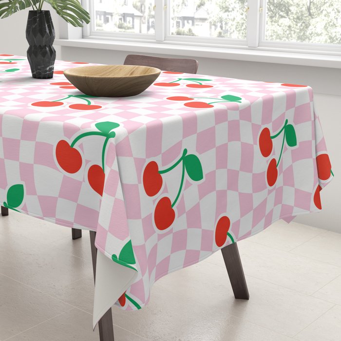 Cute pink cherry fruit checkered pattern Tablecloth Gallery Image 3