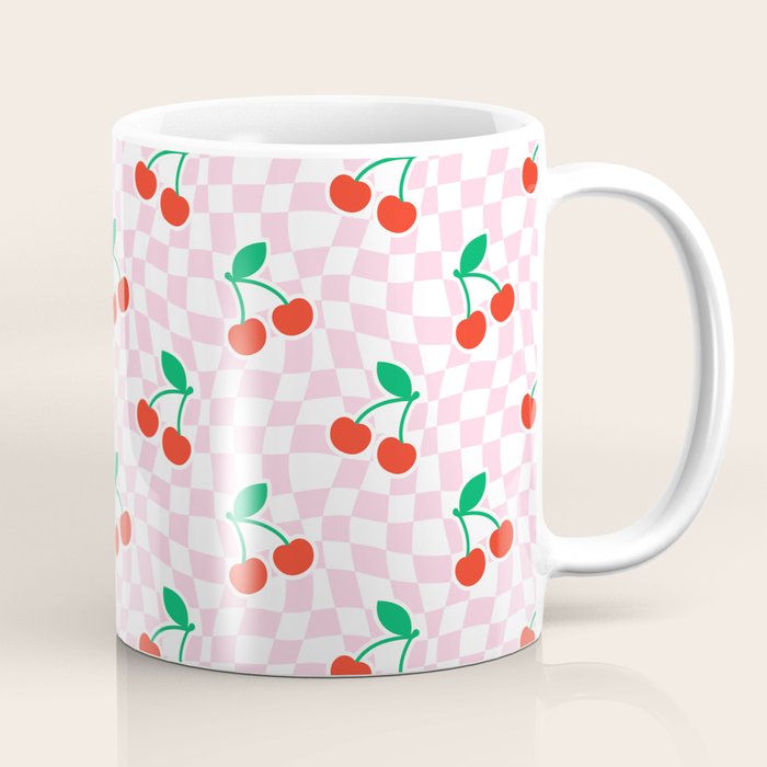 Cute pink cherry fruit checkered pattern Coffee Mug Gallery Image 1