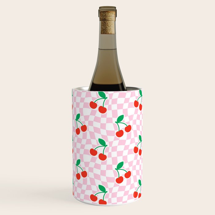 Cute pink cherry fruit checkered pattern Wine Chiller Gallery Image 2