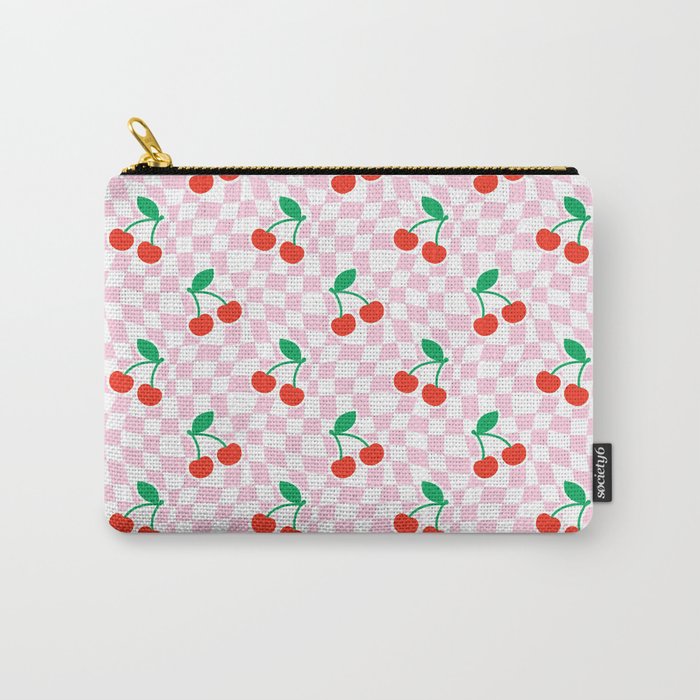 Cute pink cherry fruit checkered pattern Carry All Pouch Gallery Image 1