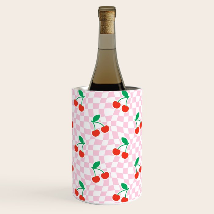 Cute pink cherry fruit checkered pattern Wine Chiller Gallery Image 3