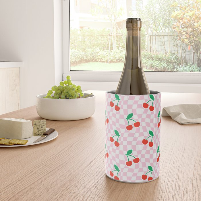 Cute pink cherry fruit checkered pattern Wine Chiller Gallery Image 4