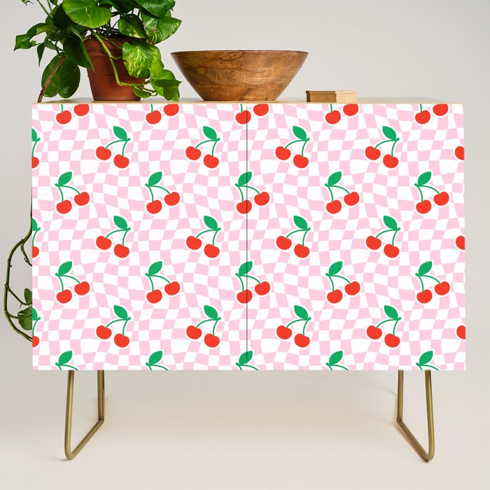 Cute pink cherry fruit checkered pattern Credenza Gallery Image 1