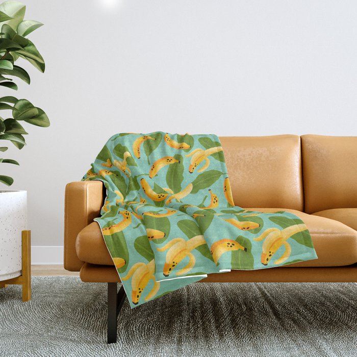 Banana Pattern on Aqua Blue Throw Blanket Gallery Image 1