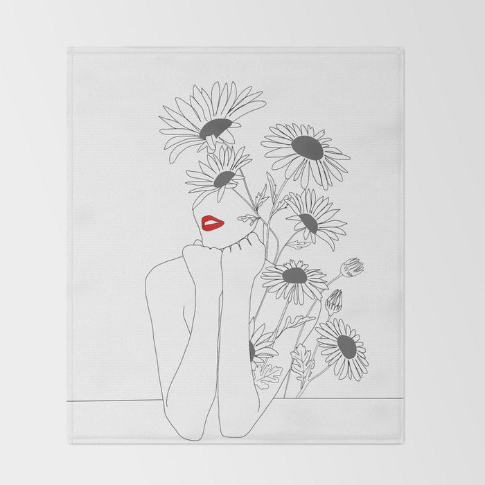Minimal Line Art Girl with Sunflowers Throw Blanket Gallery Image 2